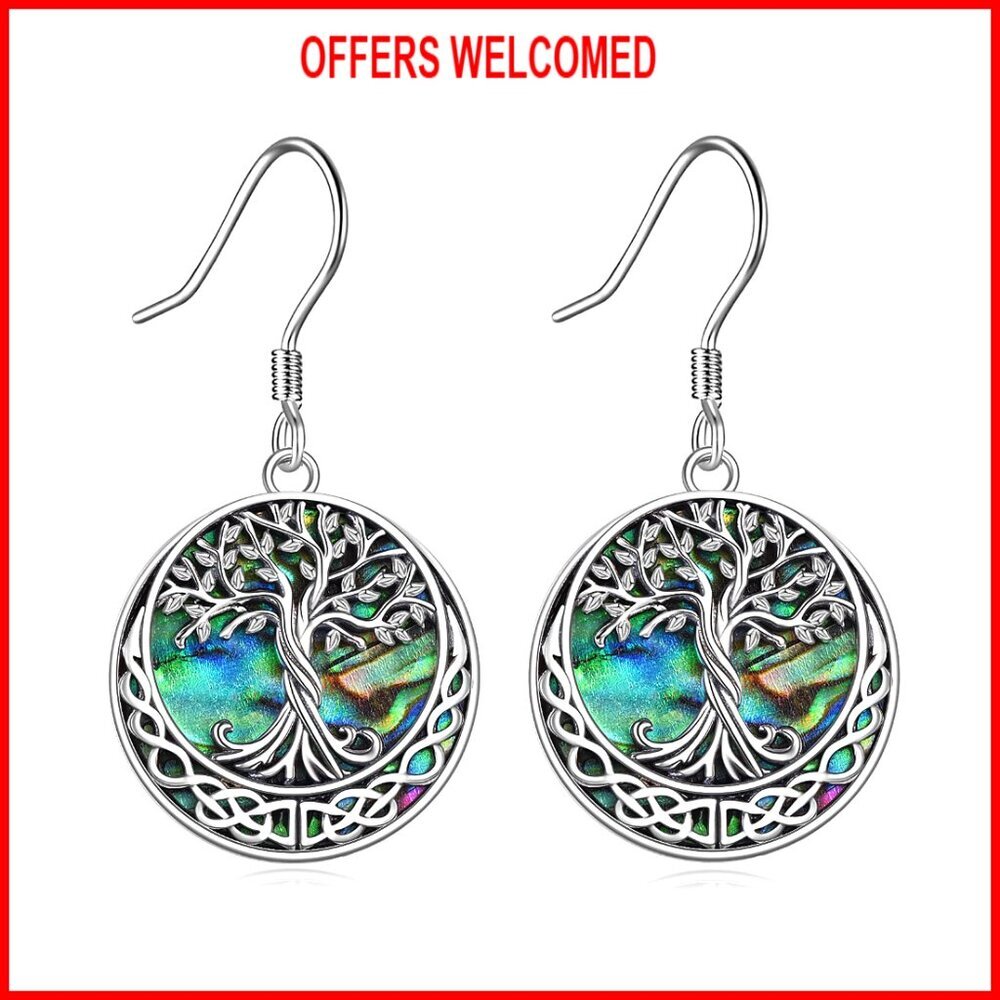 Sterling Silver Tree of Life Abalone Shell Dangle Drop Earrings
